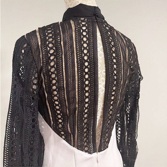 SELF-PORTRAIT Black & White Monochrome Crepe Bow Longsleeve Mini Dress Size 4 - Picture 13 of 16